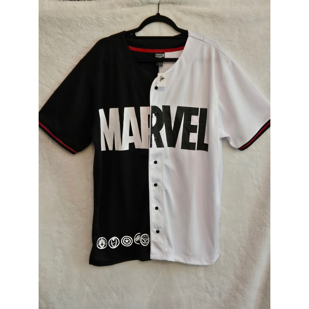 Marvel Our Universe Mens XL Split Baseball Jersey Black White Avengers NWT